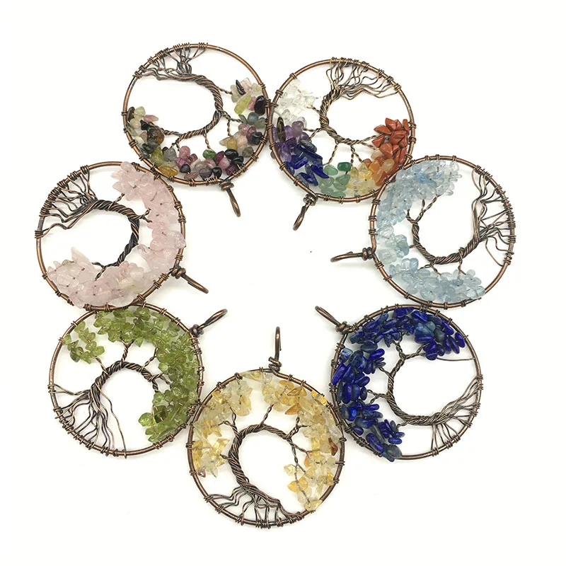 

Hot sell chakra round shape necklace tree of life pendant chip stones new design charm