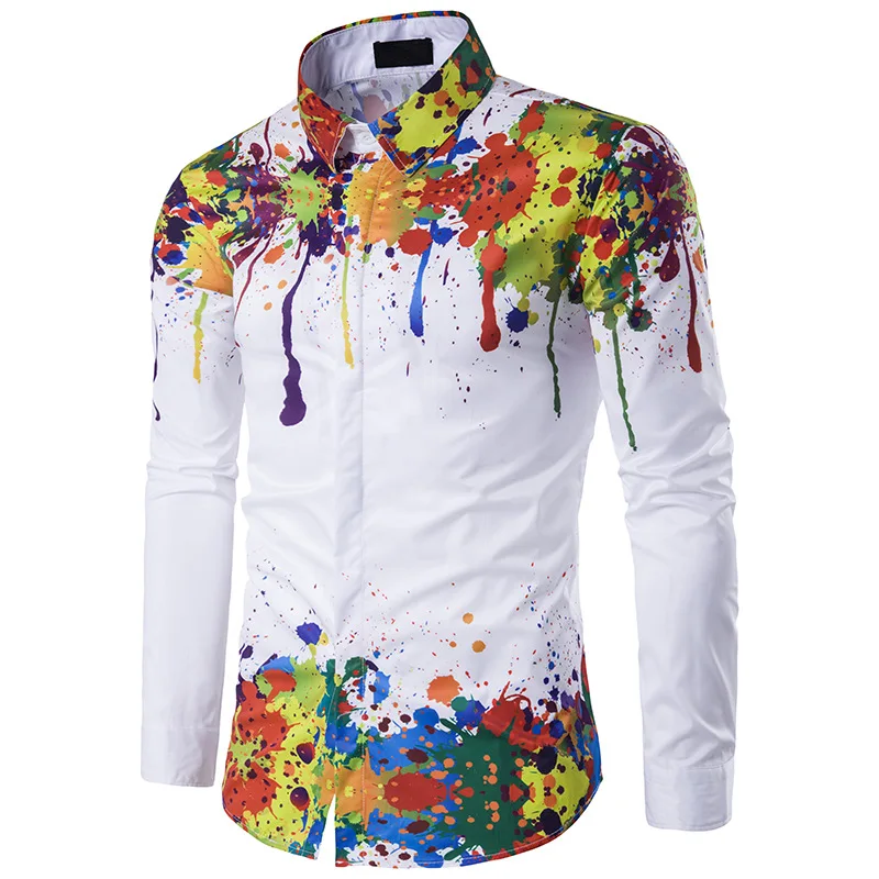 

Spring and Autumn Men's Korean Lapel Fashion Shirt European and American Shoulder Hem Splash Ink Print 3D Long Sleeve Shirt
