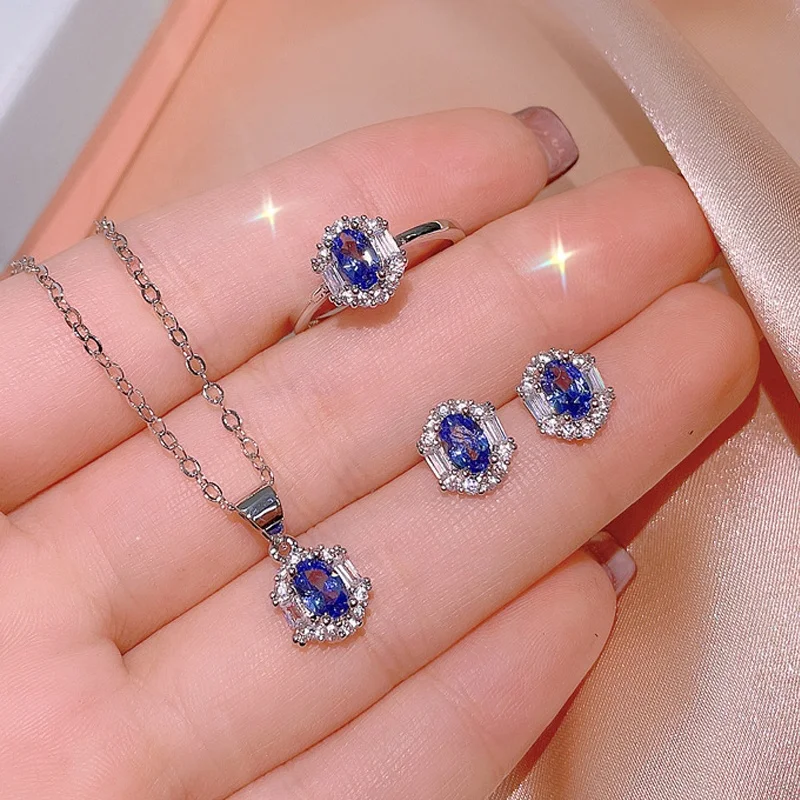 

HYH sapphire necklace ring earrings jewelry set, Optional