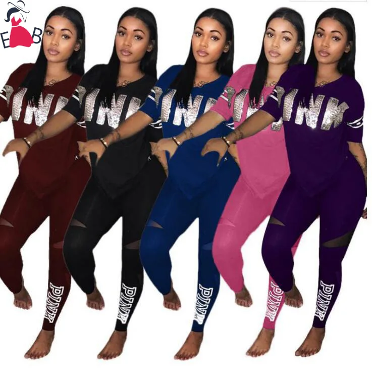 

EB-20073090 Plus Size Women Casual Set two piece print letter pink two piece set women clothing