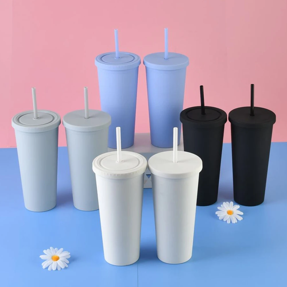 

wholesale matte acrylic tumbler with matching color straw cold drink cup taper shape double wall acrylic plastic tumbler, Customized