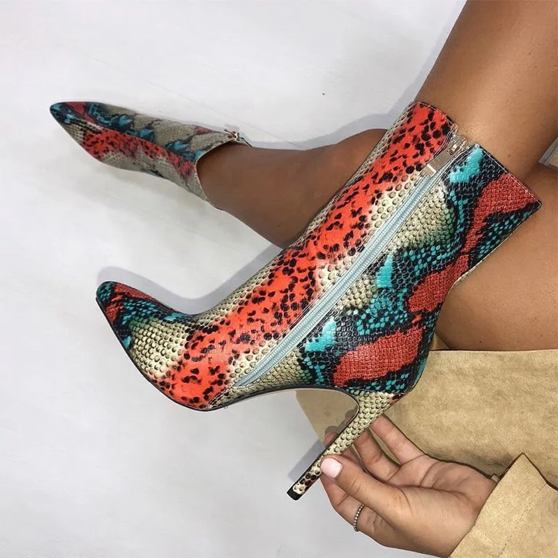 

Colorful Snakeskin Print PU Upper Pointed Toe Women Short Booties Side Zipper Thin High Heel Ladies Ankle Boots For Ladies, Mixed
