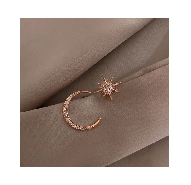 

free shipping S925 silver needle Korean Star Moon Crystal Earrings women's simple gold silver asymmetric Earrings