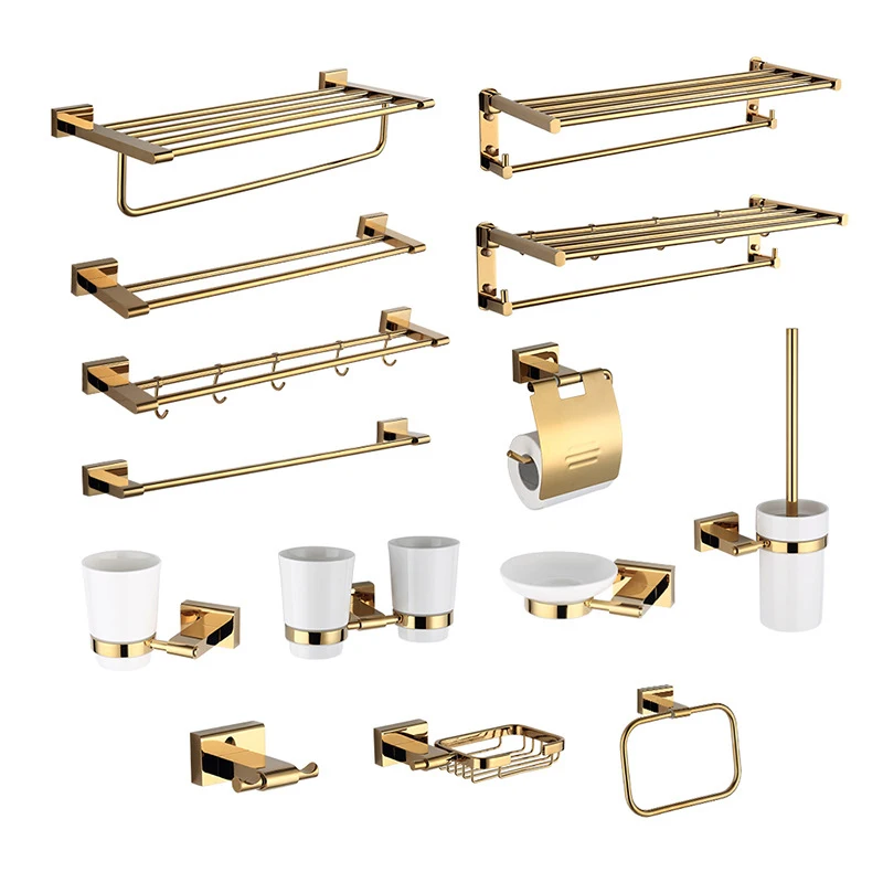 

Wall Mounted Bathroom Accessories Sets High Quality Modern Brass Bath Accessories Luxury Bathroom Hardware Set, Gold