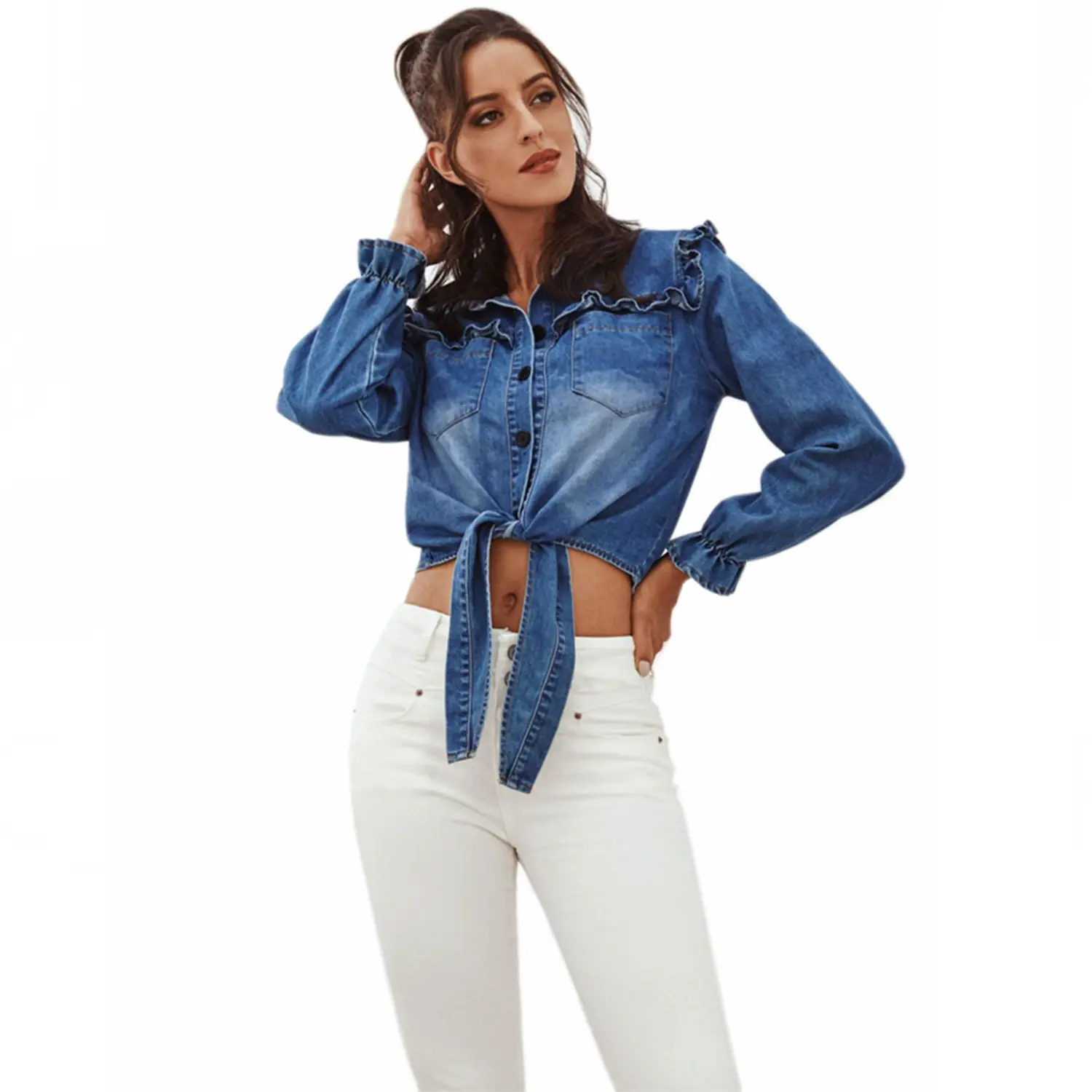 

2021 Women Newest Style Spring Lady Casual Fashion Puff Sleeve Flap Pocket Button Up Denim Jacket, Picture