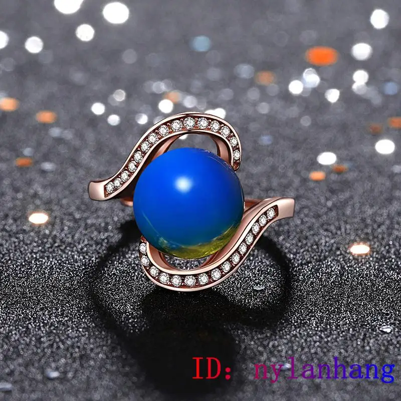 

Blue Amber Bead Ring Crystal Natural Zircon Charm Women Amulet Gemstone Gift Fashion Jewelry 925 Silver