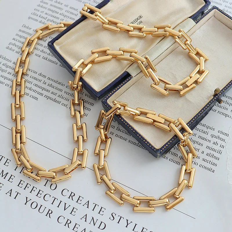 

Fashion 18K Gold Vacuum Electroplated Square ring interlocking Chunky Chain Bracelet Necklace Set for Women