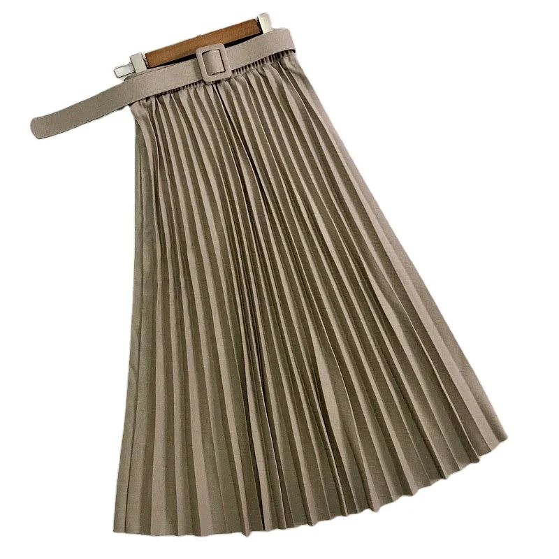 

New Fashion Spring Autumn High Waist Solid Colour Pleated Women'S Plus Size Dress Mid-Length Womens Skirts