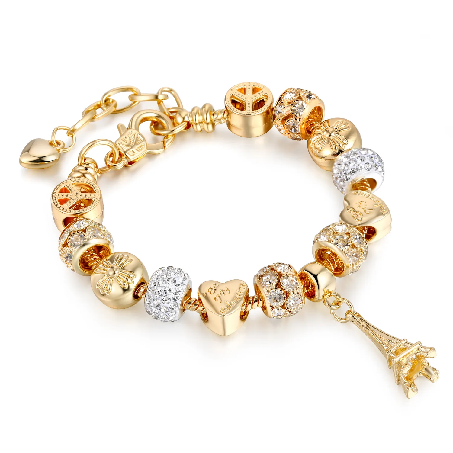 

Gold Plated Eiffel Tower Pendant Bracelets Bangles Women Charm Bracelets Friendship Crystal Beads Bracelet (KB8366), As picture