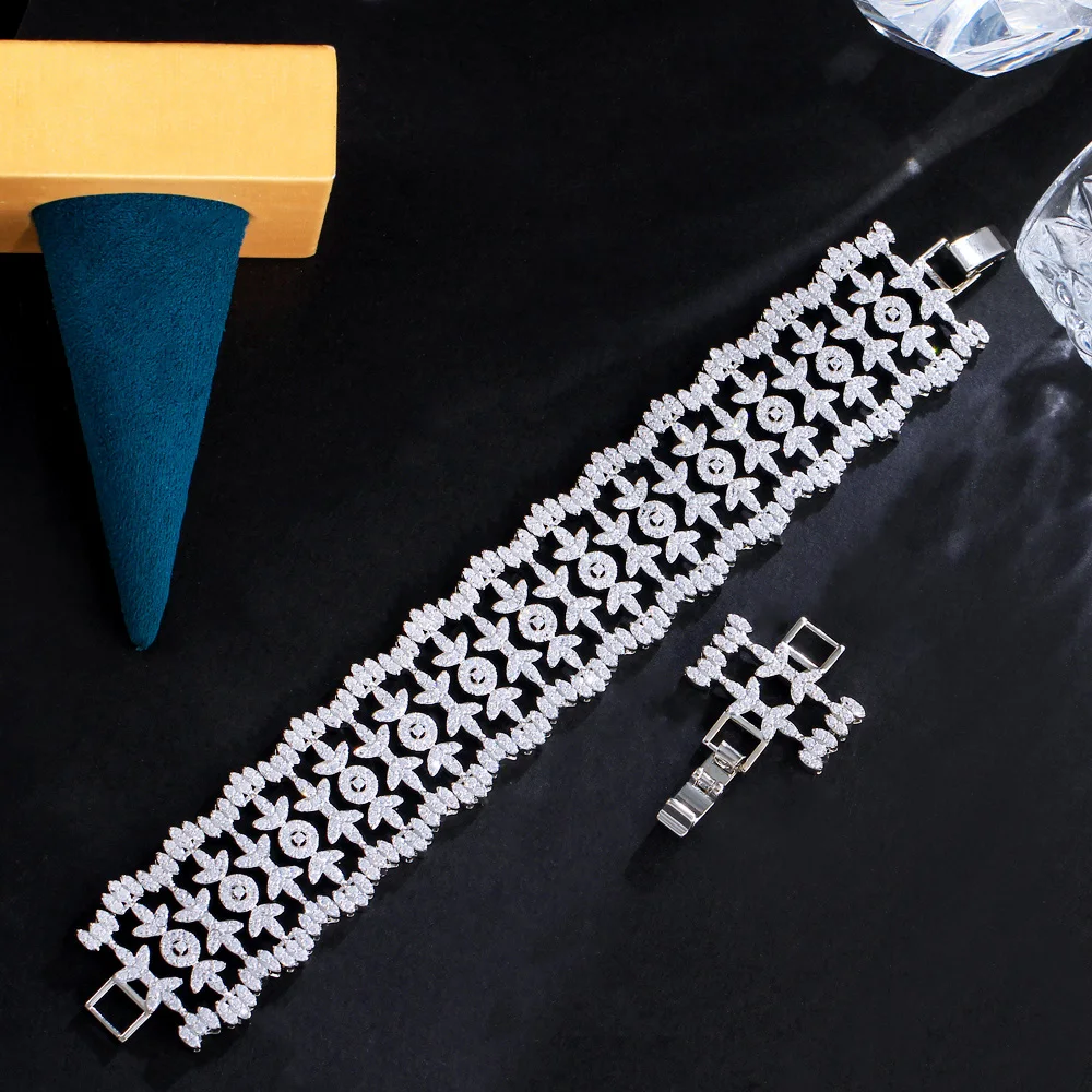 Luxury Jewellery Full Cubic Zirconia Stone Brides Wide Cuff Bracelets Bangle for Women Wedding Engagement Jewelry