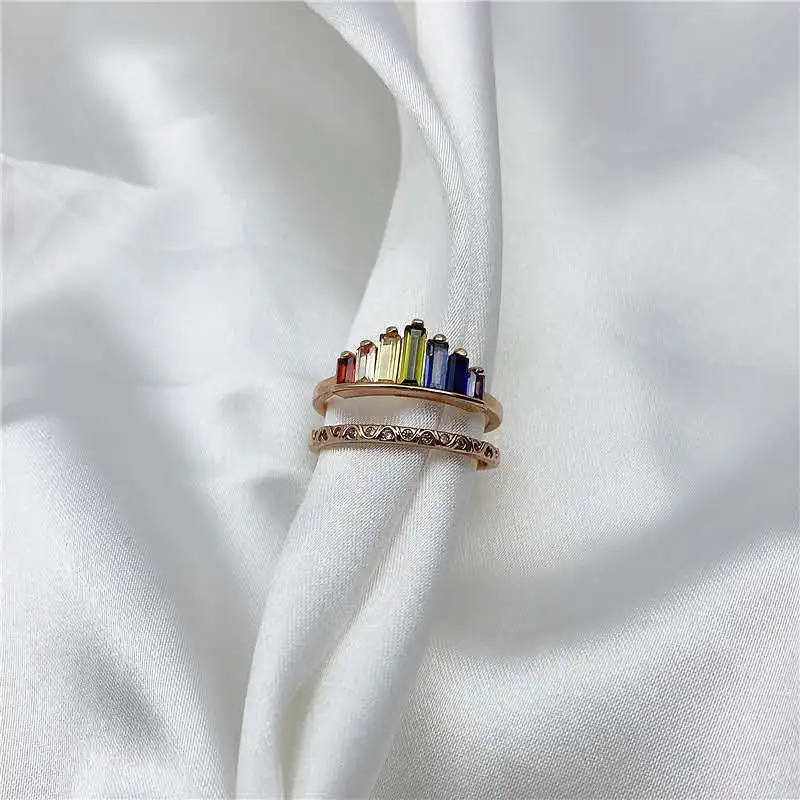 

Spring and summer fashion rainbow micro diamond ring with adjustable, Gold silver black