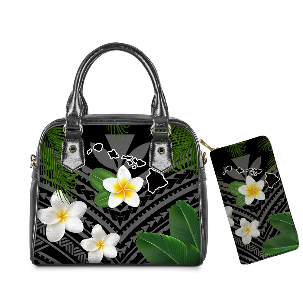 

Gray Hawaiian Plumeria Polynesian Tribal Tattoos Print Tote Bag And Handbag Set Long Zipper Wallets Medium Cross Body Bags Purse