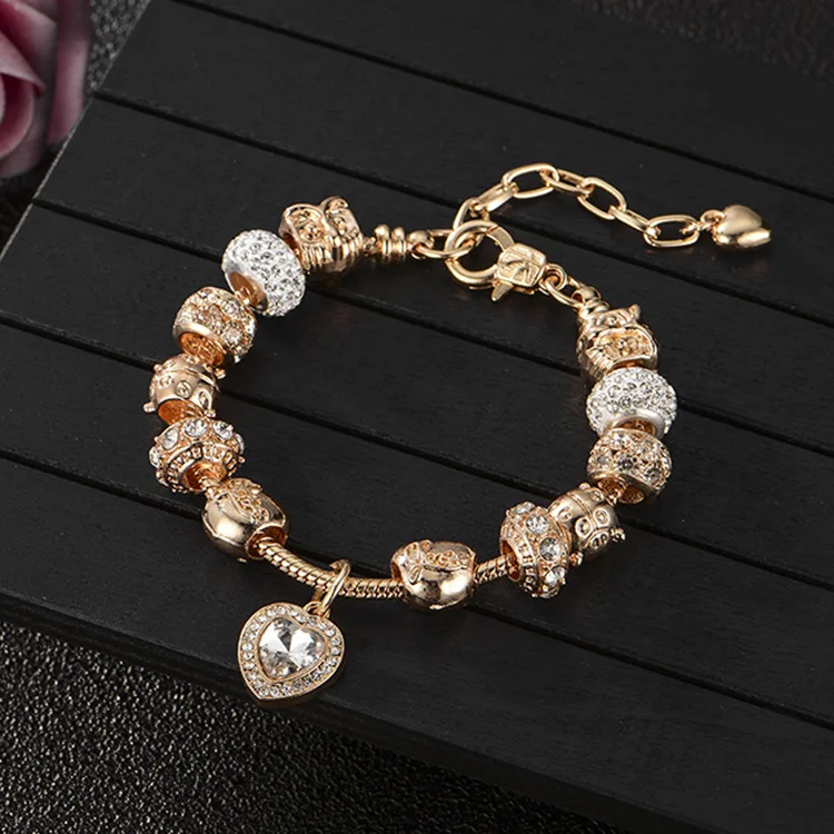 

Newest Design 18K Gold Plating Micro CZ Pave Crystal Ball Beads Bracelets Heart Shape Diamond Pendant Charm Bracelets For Friend