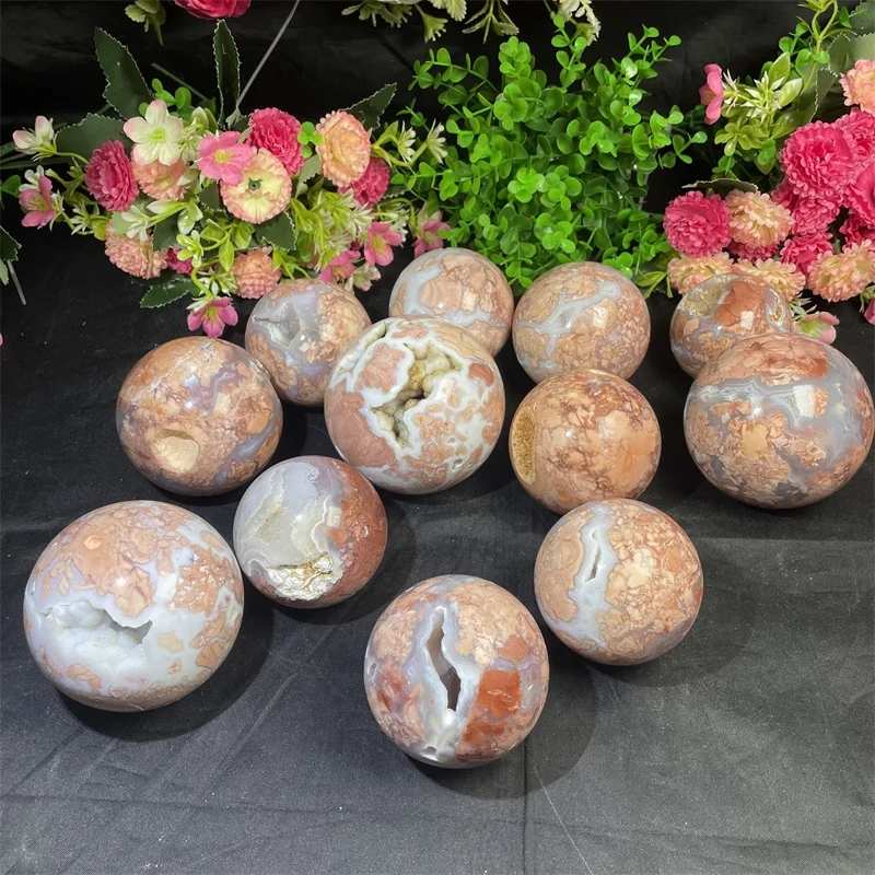 Natural Crystal Druzy Geode Sphere Healing Stone Antique Pink Agate Ball for Decoration