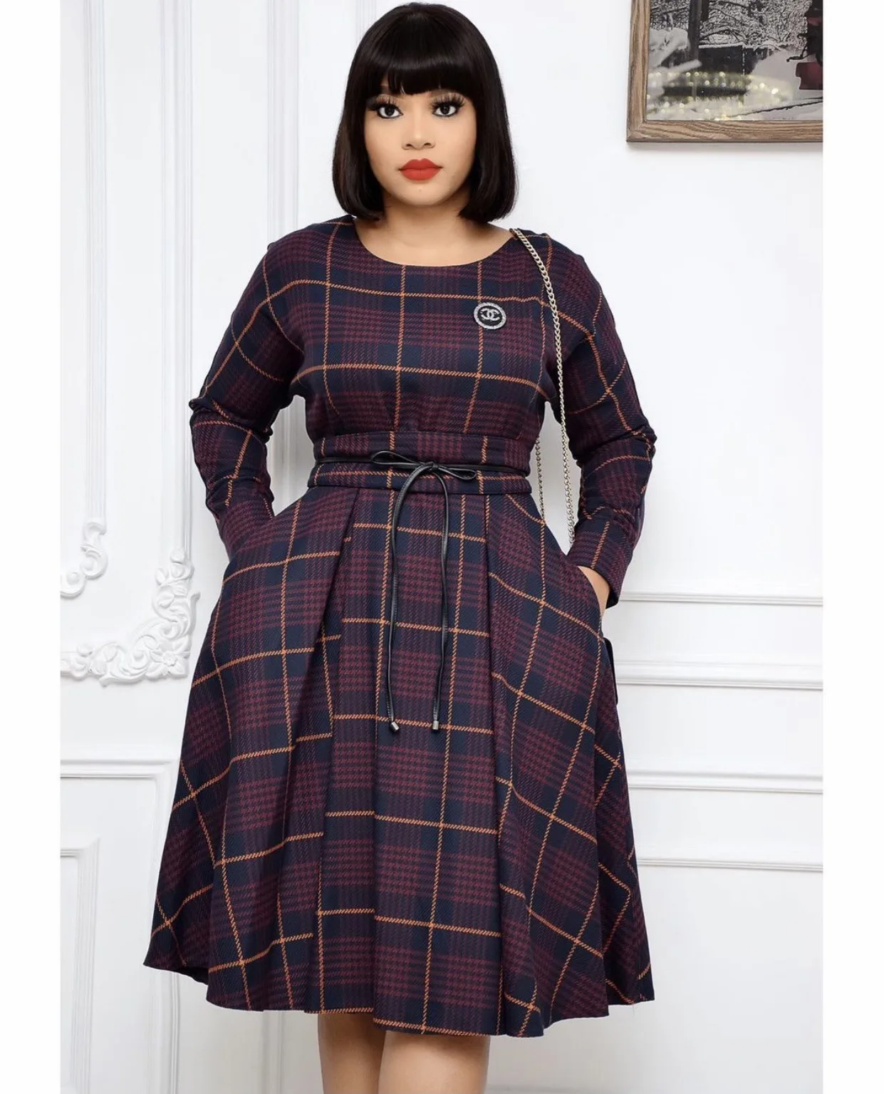 

Latest Lady Shirt Dress Autumn Long Sleeve Knee Length Belted Office Women Shirt Dress, As showed