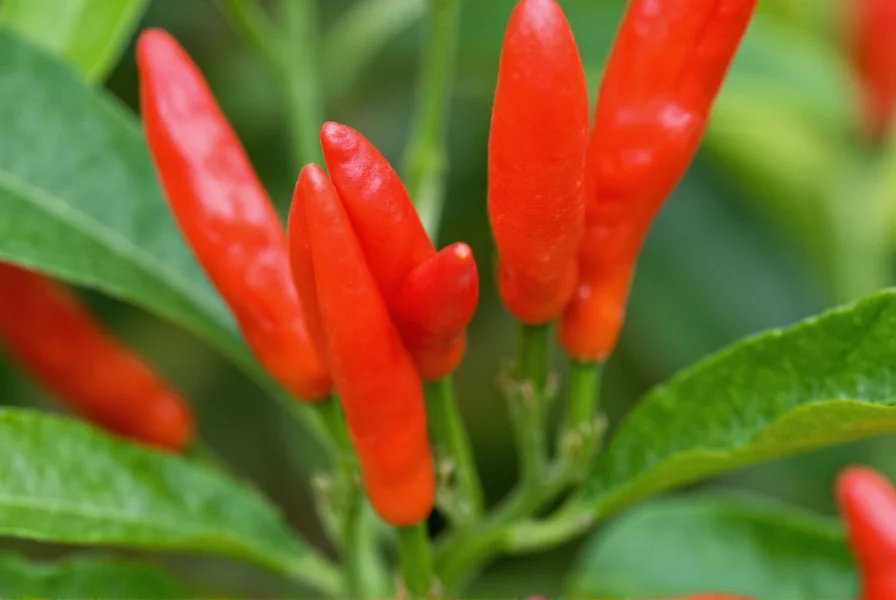 Close-up view of fresh cayenne peppers on plant showing slender shape and vibrant red color