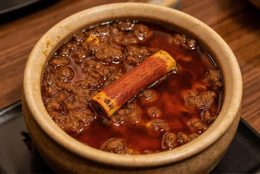 Traditional Beijing dish Hongshao rou with visible cassia stick in braising liquid