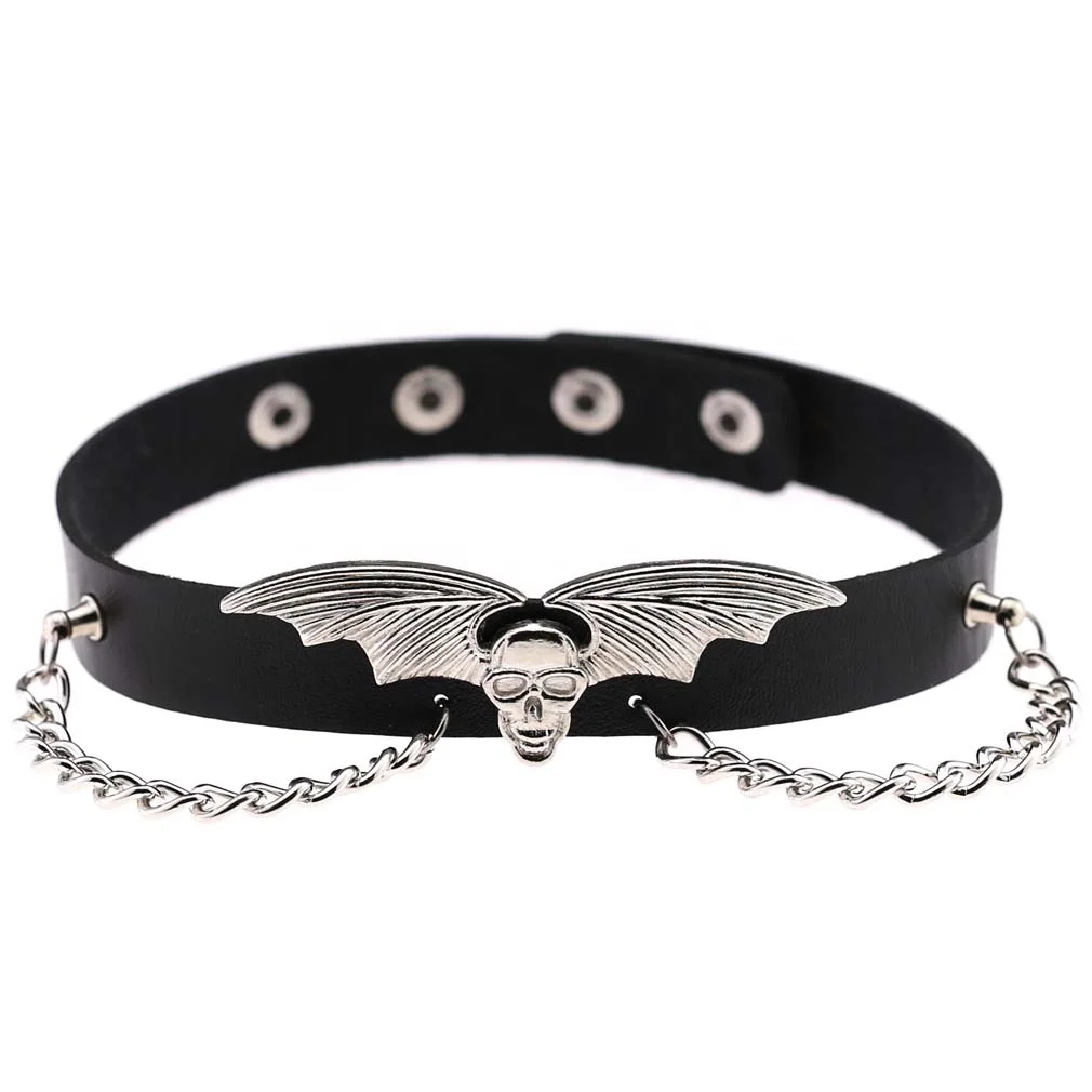 

Exaggerated Skull Bats PU Leather Choker Jewelry Harajuku Punk Gothic Metal Chain Innovation Chocker Necklace Halloween Gifts, 16 colors
