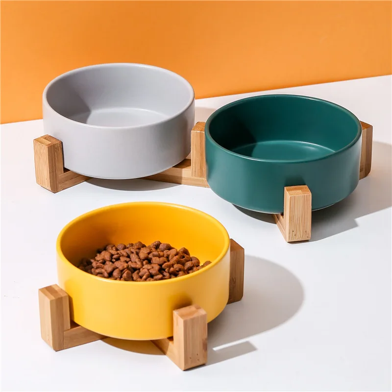 

Wholesale Easy To Clean Durable Multiple Color Option Food Water Feeder Dog Cat Ceramic Pet Bowl With Wood Stand, 5 colors