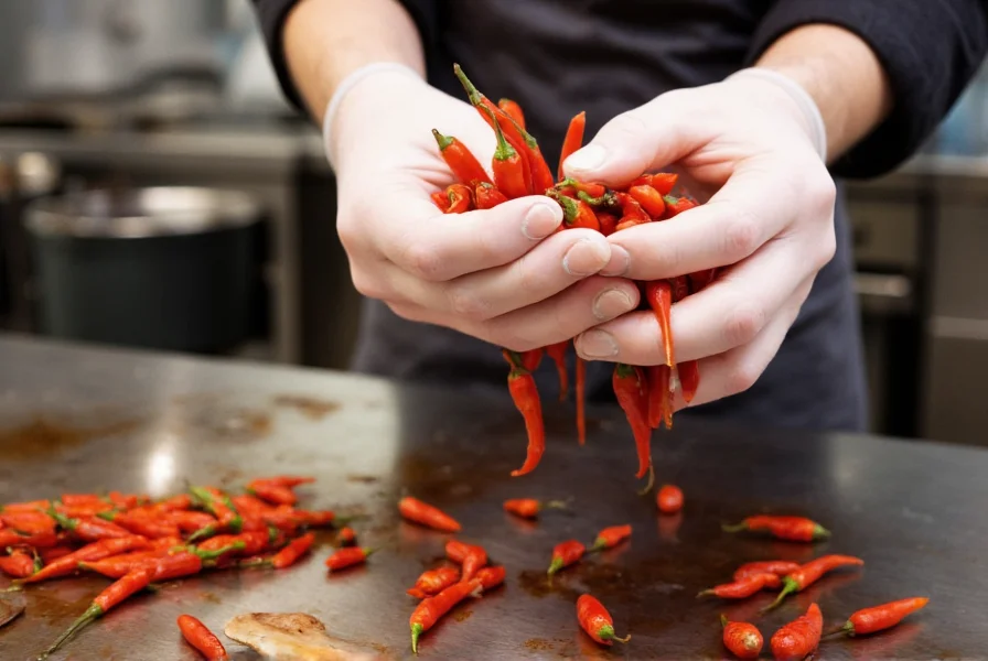 Chef carefully handling Red Savina peppers with protective gloves while preparing hot sauce in a professional kitchen setting