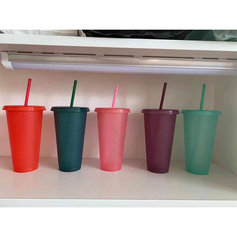 

2021 Summer BPA free Food Grade Single Layer Reusable 5pack 16OZ 24OZ Glitter Plastic Tumbler Ice Cold Cup Lids And Straws, Can be customized