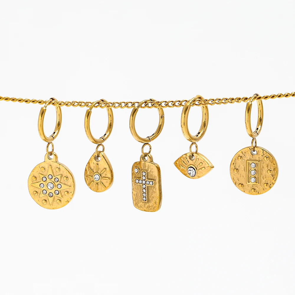 Joolim 18K Gold Plated Stainless Steel Cross Eye Waterdrop Star Coin Pendant Necklace and Earring Set Fashion Jewelry