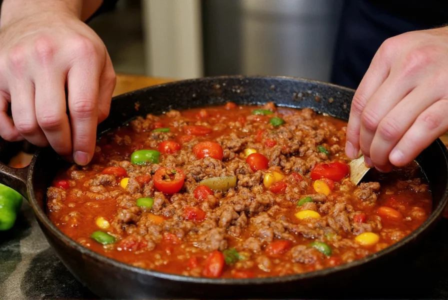 Professional chef preparing authentic chili soup with fresh ingredients including ground beef, tomatoes, and various chili peppers in a cast-iron pot