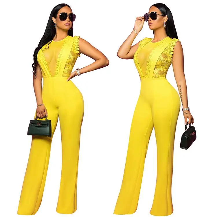 

DF68162 Fashion Wholesale Yellow O-Neck Sleeveless Mesh Casual Sexy Summer Women Lace Ladies Jumpsuit 2020 made in China