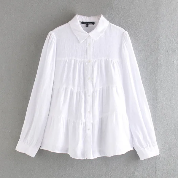 

CS978 Latest New Design Long Sleeve Patchwork Cotton Linen White Blouse Women Casual Blouses Shirts Tops