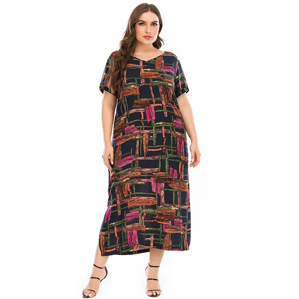 

Plus Size women's summer dress casual print split V-neck Short Sleeve summer women clothes dress