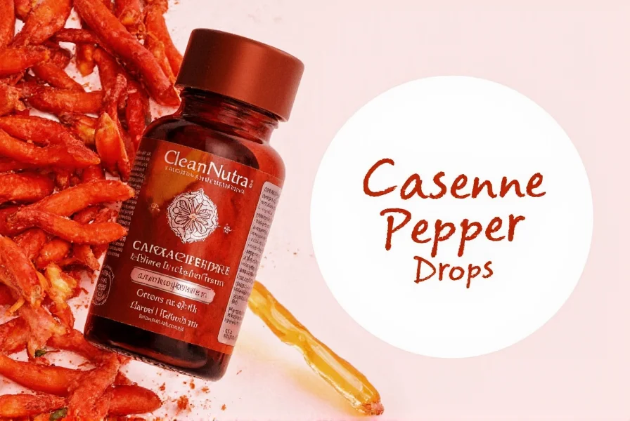 Close-up of cayenne pepper drops bottle showing amber glass container and dropper