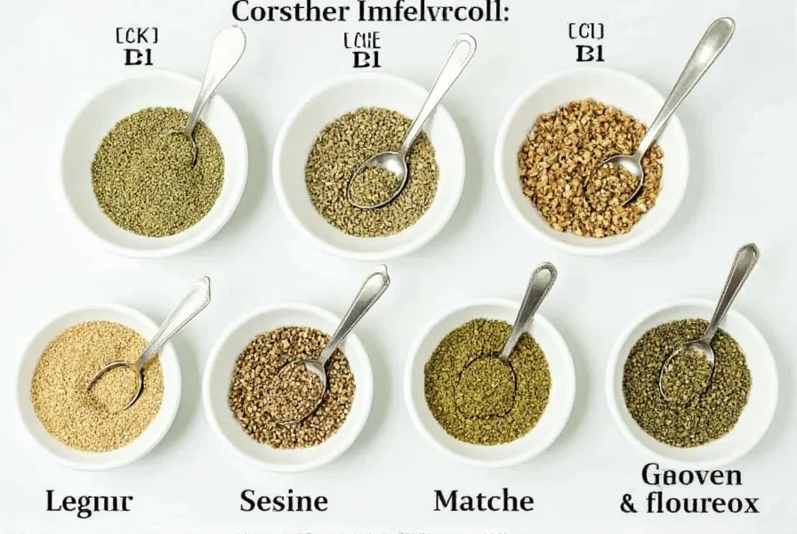 Various celery seed substitutes arranged in small bowls with measuring spoons for comparison