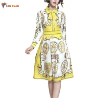 

2019 latest western style fall winter fashion polo neck high waist casual long sleeve yellow floral shirt dress for ladies