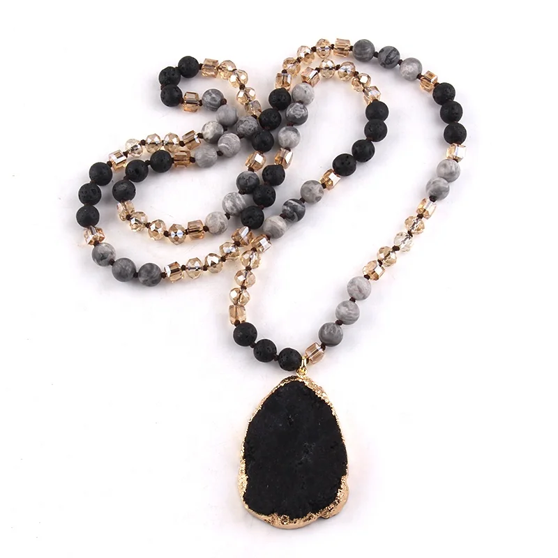 

Fashion Women Necklace Bohemian Tribal Jewelry Natural Stone Crystal Glass Knotted Drop Druzy Pendant Necklace