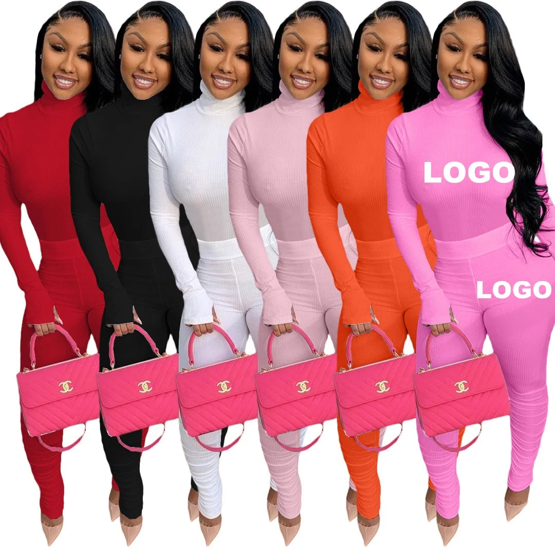 

Custom Logo Winter Women Clothes Solid Knitted Two Piece Stacked Pant Set