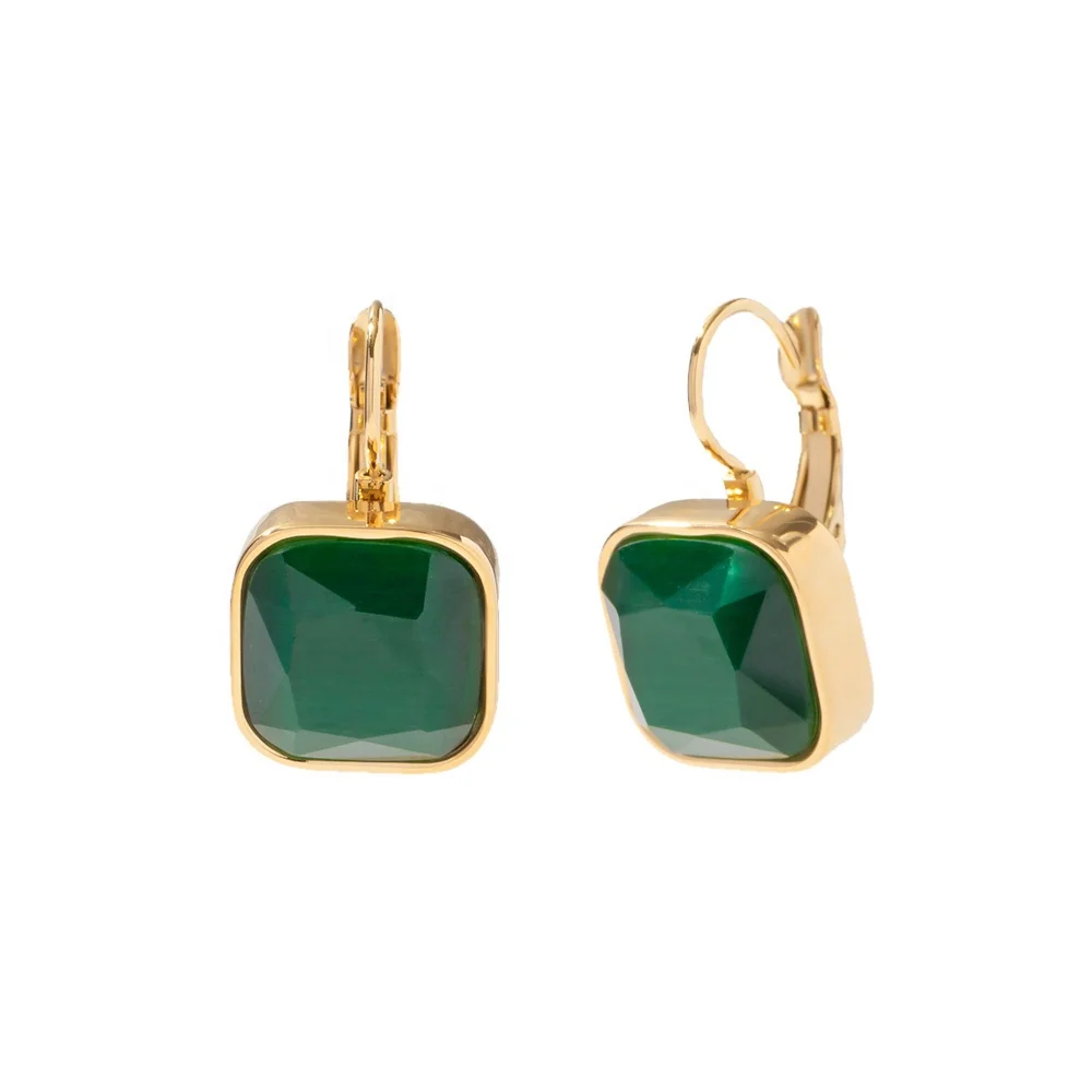 18k Gold Plated Stainless Steel Square Green Thicker Chatoyant Minimalist Pendant Earrings For Women