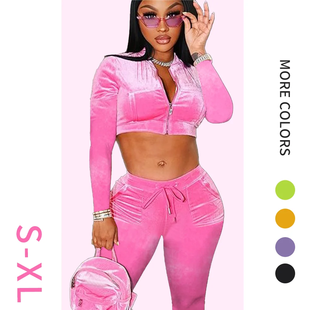 

M176 Custom embroidered logo crop top 2 piece set velvet sweatsuit 2021 fall fashion women velour tracksuit