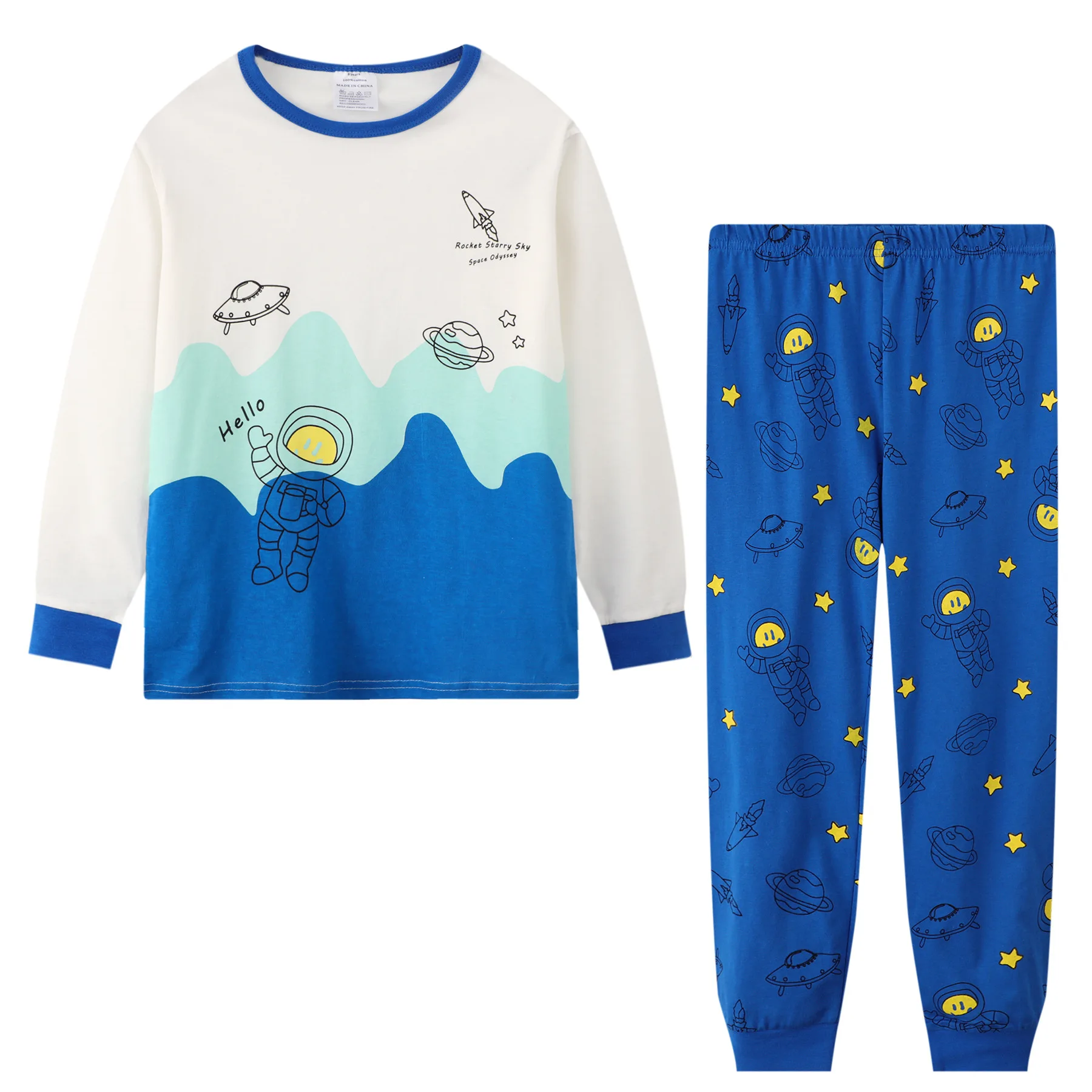 

2022 custom design 100% cotton cartoon print boys pyjamas home long sleeve treousers two piece set winter warm kids pajamas