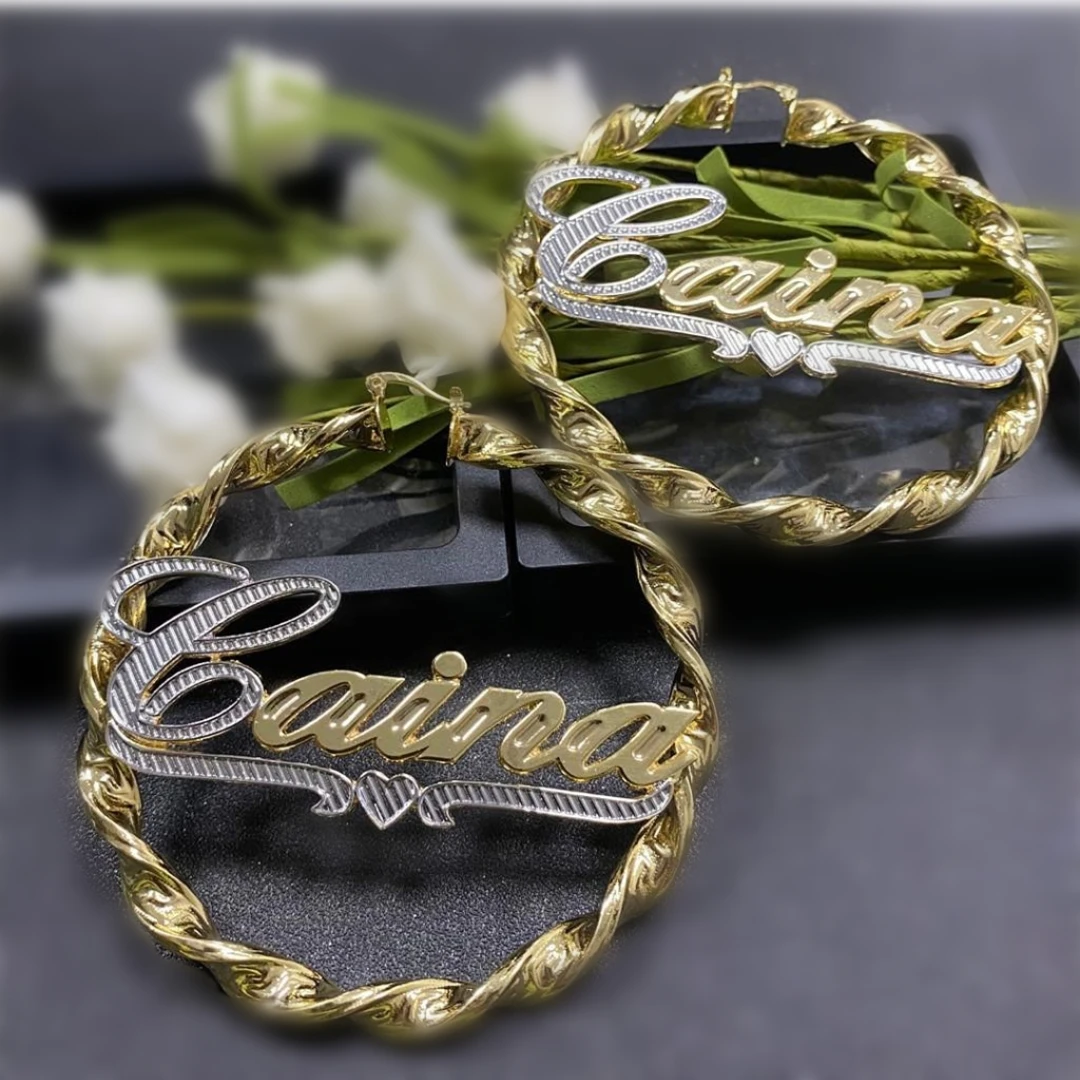 

Big gold plated bamboo name custom earrings with logo, Gold, silver, rose gold