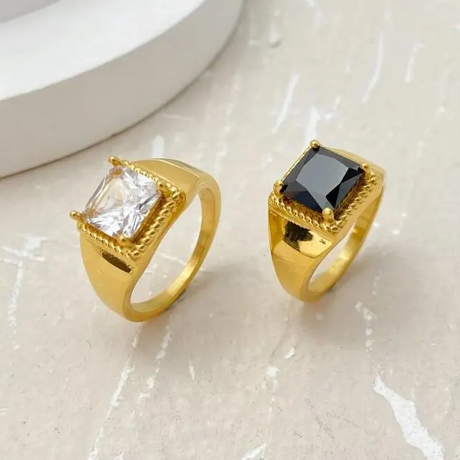 Hot selling square button black white transparent zircon titanium steel jewelry 18k gold plated engagement stainless steel ring