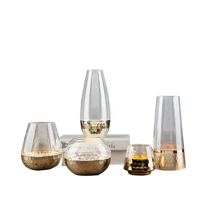 

small glass flower vase gold wedding tall glass cylinder vase for home decor glass candle holder, Clear transparent