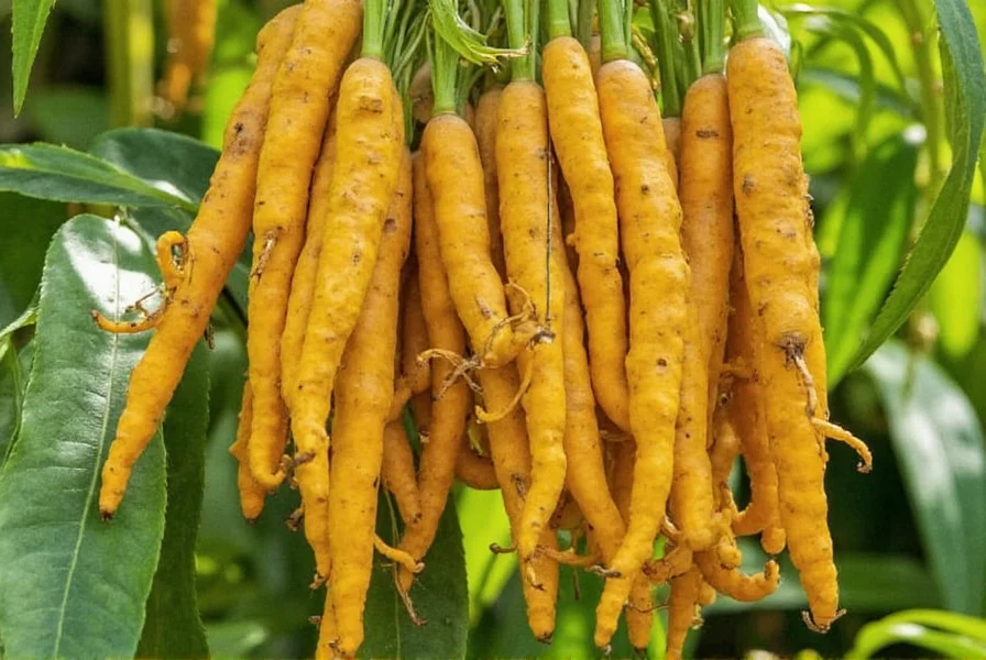 Turmeric plant growing in garden soil with visible rhizomes