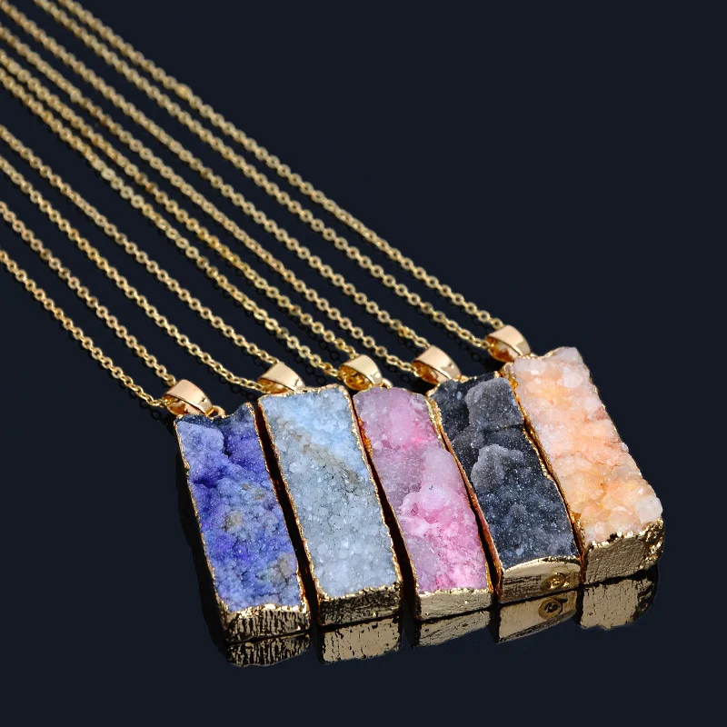 

crystal gravel colorful pendant for women 14k. Plating rectangle natural gemstone pendant new style dye color gemstone necklace