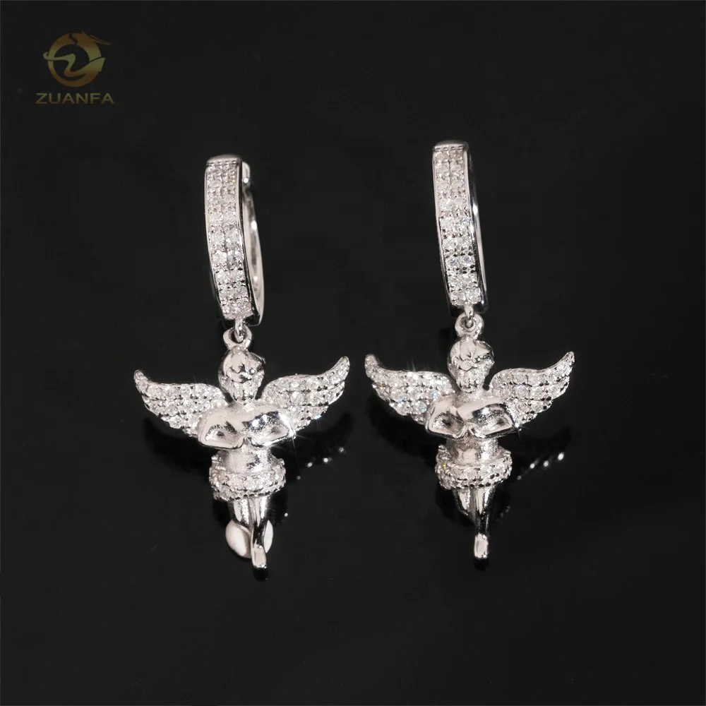 New Style Fashion Popular White Gold 925 Silver Drop Angle Charm Moissanite Hoop Earrings