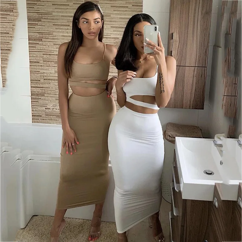 

Custom High Quality Fashion Sexy Sling Tops High Waist Two Piece Dress Set Party Bodycon Bandage Dress For Women, Picture color