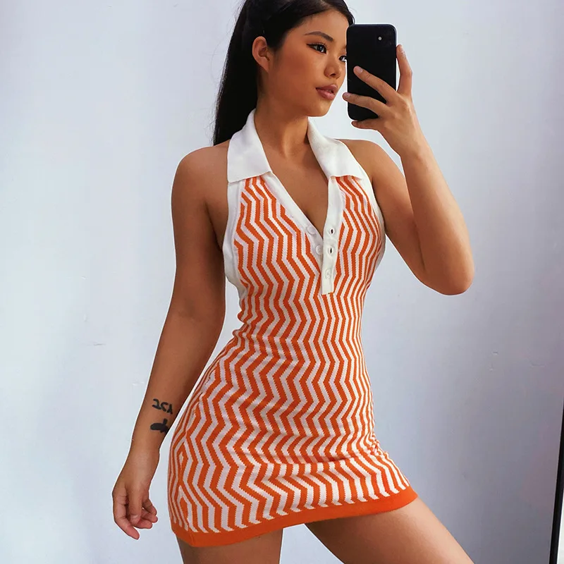 

Stretch Sleeveless Backless Halter Dress Women Cotton Knitted Striped Dresses, Blue, orange