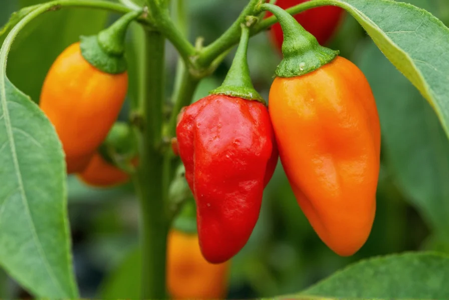 Close-up view of vibrant red and orange Scotch bonnet peppers growing on plant with characteristic wrinkled appearance