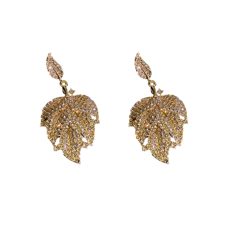 

2021 new design unique full rhinestone leaf earrings gold