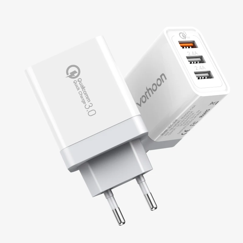 

Portable Mobile Phone USB Charger QC3.0 Wall Charger for iPhone Android Cable Charger Fast Charging Travel Adapter, Black/white