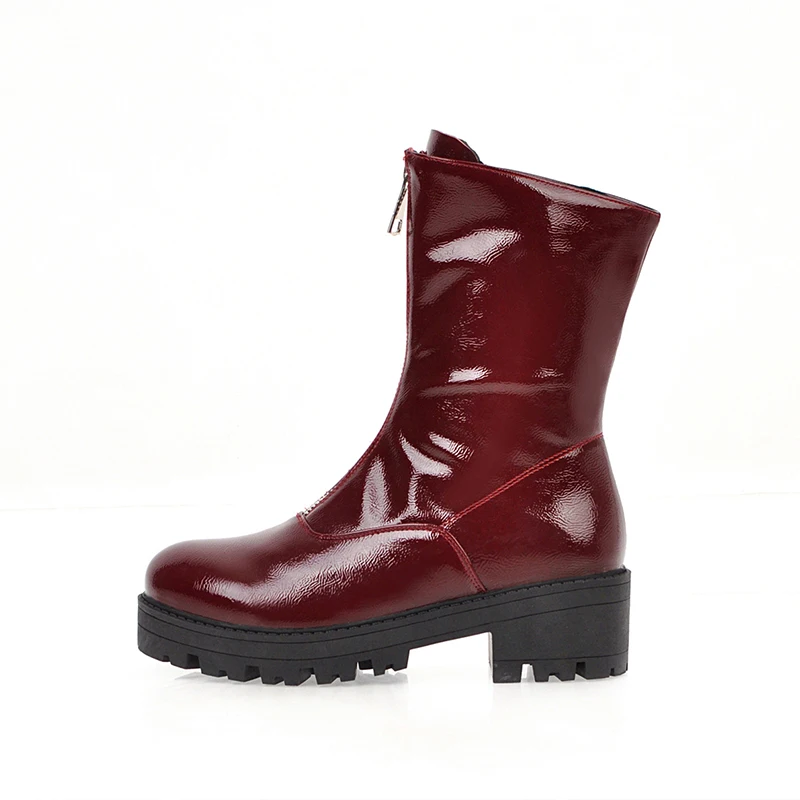 

Round Head Thick Platform Patent Leather Shoes Female Winter Ankle Boots, Black/white/wine red